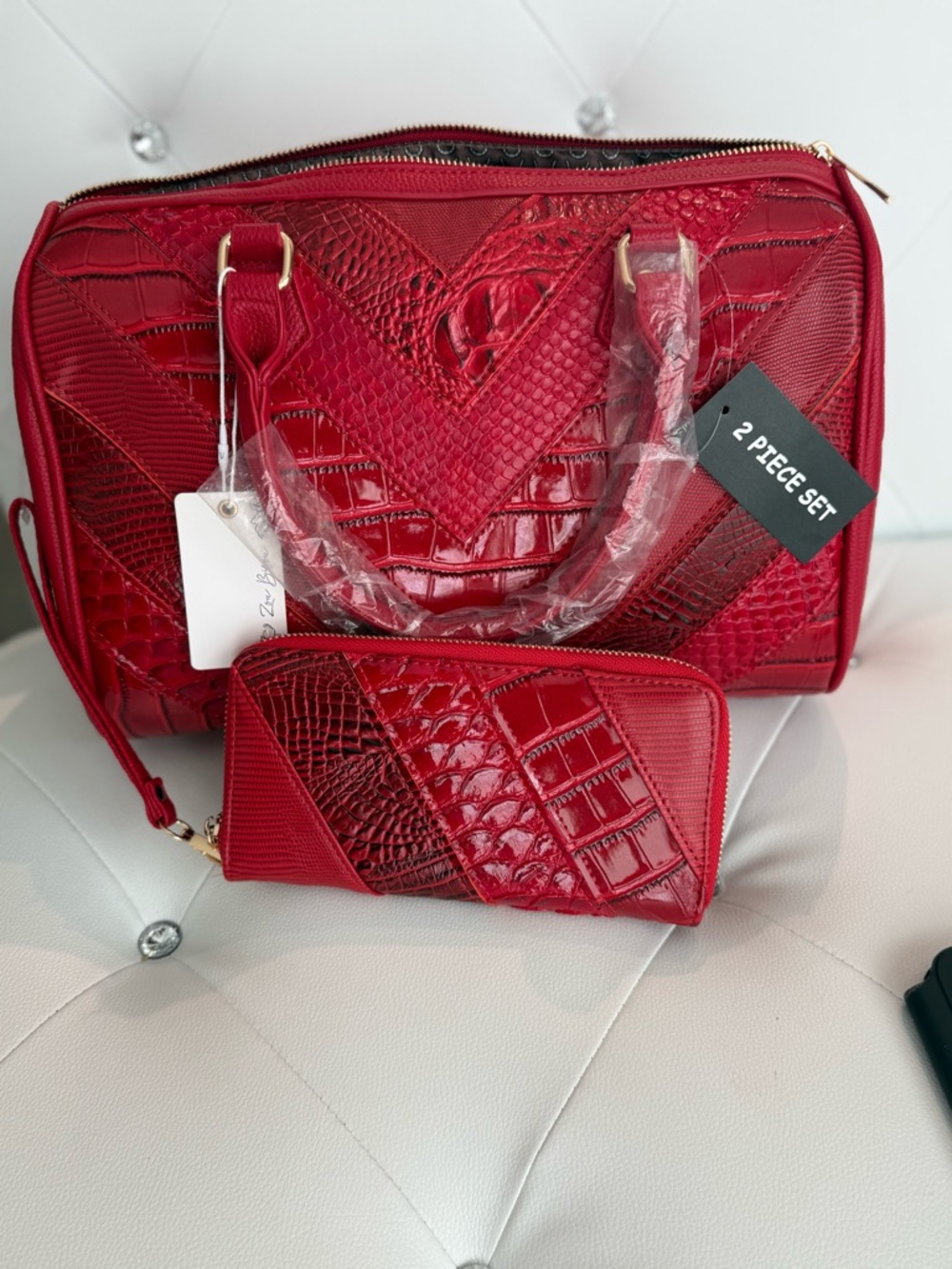 Red Croc Embossed Satchel Travel & Work Tote 👜Handbag + Wallet